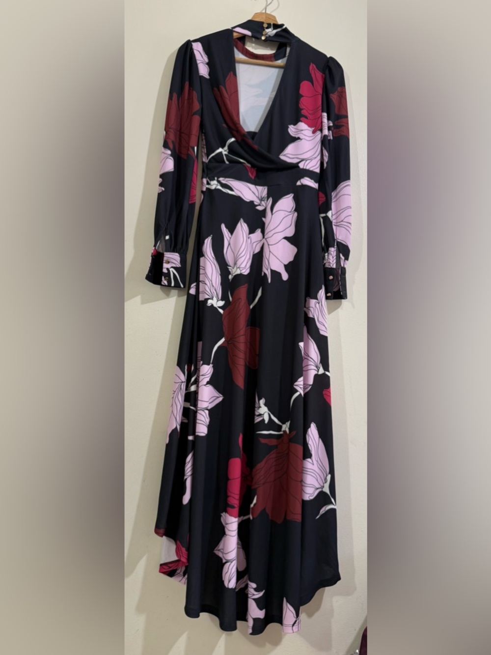 Karen Millen Black Maxi Dress with Pink and Burgundy Floral Pattern